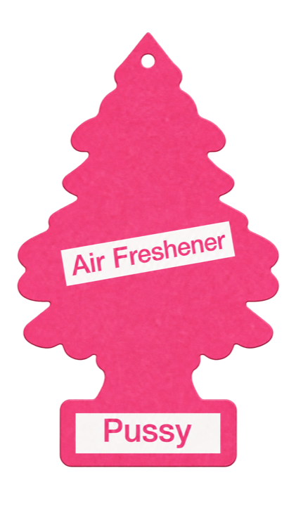 Pink Pussy tree air freshener hanging by a white string