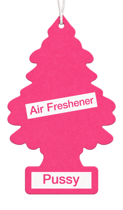 Pink tree-shaped Pussy air freshener on a neutral background